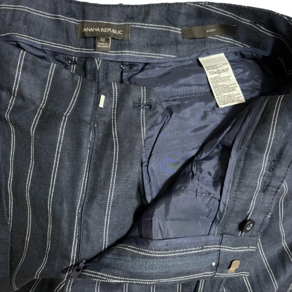 BANANA REPUBLIC Navy Striped Linen Blend Cropped Trousers Paper Bag Waist